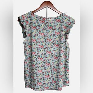 Monteau Preppy Floral Blouse Feminine Flutter Sleeve Aqua Mint Cottagecore M